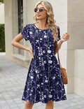 Navy White Floral Women Summer Dress 2026 Short Sleeve Aline Mini Dresses with Pockets Casual Swing Tshirt Dress Vocation Beach Sundress