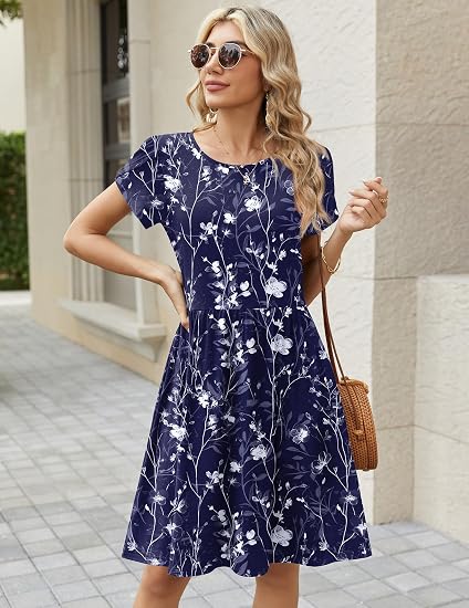 Navy White Floral Women Summer Dress 2026 Short Sleeve Aline Mini Dresses with Pockets Casual Swing Tshirt Dress Vocation Beach Sundress
