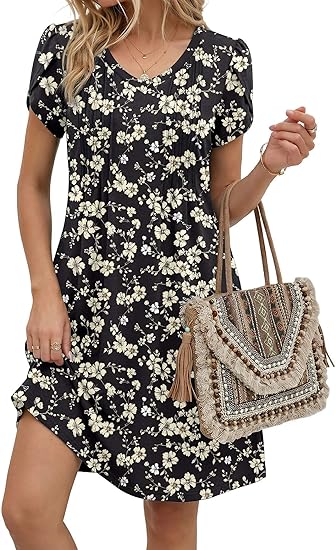 Black Floral 03 Summer Dresses for Women Casual A Line Dress 2026 V Neck Short Dresses Floral Sundress Pleated Boho Dress