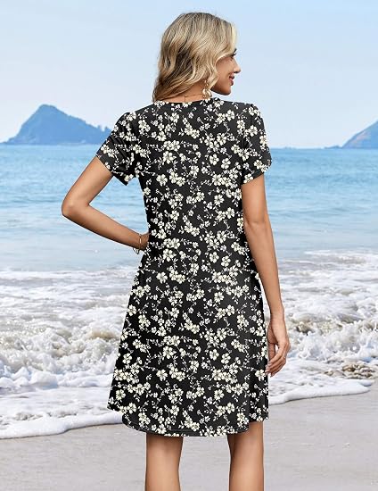 Black Floral 03 Summer Dresses for Women Casual A Line Dress 2026 V Neck Short Dresses Floral Sundress Pleated Boho Dress