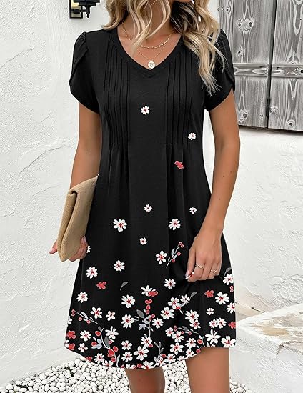 Black Floral 02 Summer Dresses for Women Casual A Line Dress 2026 V Neck Short Dresses Floral Sundress Pleated Boho Dress