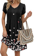 Black Floral 02 Summer Dresses for Women Casual A Line Dress 2026 V Neck Short Dresses Floral Sundress Pleated Boho Dress