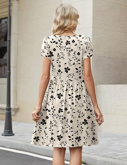 Beige Print Women Summer Dress 2026 Short Sleeve Aline Mini Dresses with Pockets Casual Swing Tshirt Dress Vocation Beach Sundress
