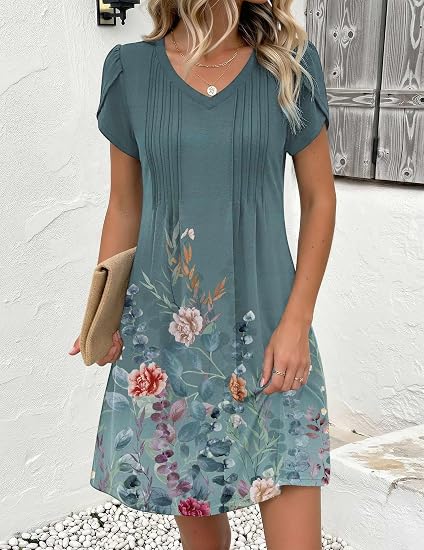 Blue Green 02 Summer Dresses for Women Casual A Line Dress 2026 V Neck Short Dresses Floral Sundress Pleated Boho Dress
