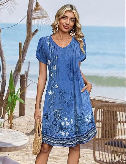 Blue Floral B Summer Dresses for Women Casual A Line Dress 2026 V Neck Short Dresses Floral Sundress Pleated Boho Dress