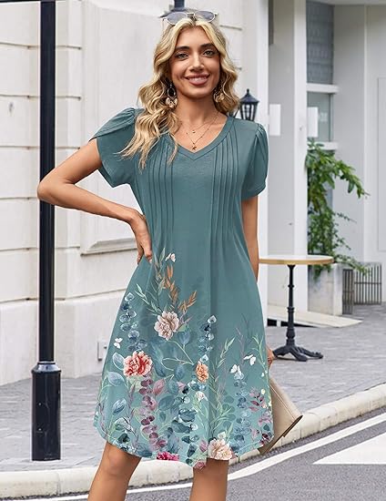 Blue Green 02 Summer Dresses for Women Casual A Line Dress 2026 V Neck Short Dresses Floral Sundress Pleated Boho Dress