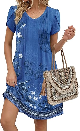 Blue Floral B Summer Dresses for Women Casual A Line Dress 2026 V Neck Short Dresses Floral Sundress Pleated Boho Dress