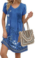 Blue Floral B Summer Dresses for Women Casual A Line Dress 2026 V Neck Short Dresses Floral Sundress Pleated Boho Dress