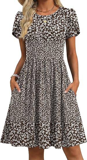Brown Print Women Summer Dress 2026 Short Sleeve Aline Mini Dresses with Pockets Casual Swing Tshirt Dress Vocation Beach Sundress