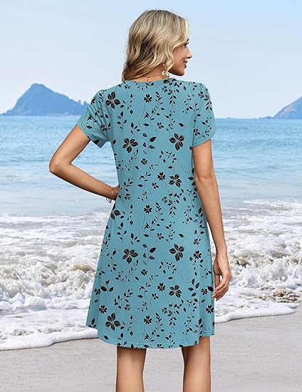 Blue Green Floral Summer Dresses for Women Casual A Line Dress 2026 V Neck Short Dresses Floral Sundress Pleated Boho Dress