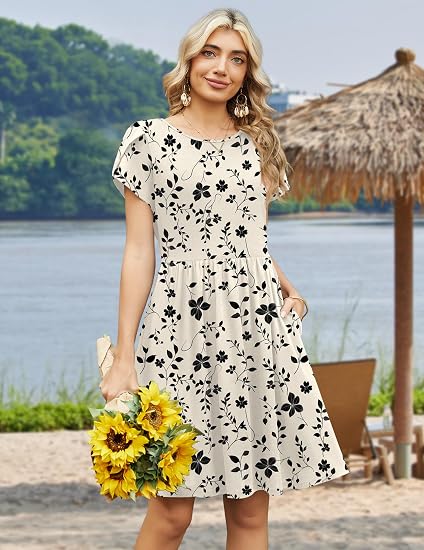 Beige Print Women Summer Dress 2026 Short Sleeve Aline Mini Dresses with Pockets Casual Swing Tshirt Dress Vocation Beach Sundress