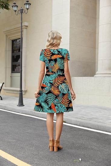 Leaf Print Women Summer Dress 2026 Short Sleeve Aline Mini Dresses with Pockets Casual Swing Tshirt Dress Vocation Beach Sundress