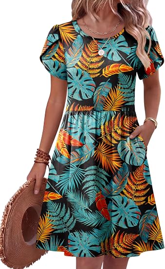 Leaf Print Women Summer Dress 2026 Short Sleeve Aline Mini Dresses with Pockets Casual Swing Tshirt Dress Vocation Beach Sundress