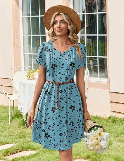 Blue Green Floral Summer Dresses for Women Casual A Line Dress 2026 V Neck Short Dresses Floral Sundress Pleated Boho Dress