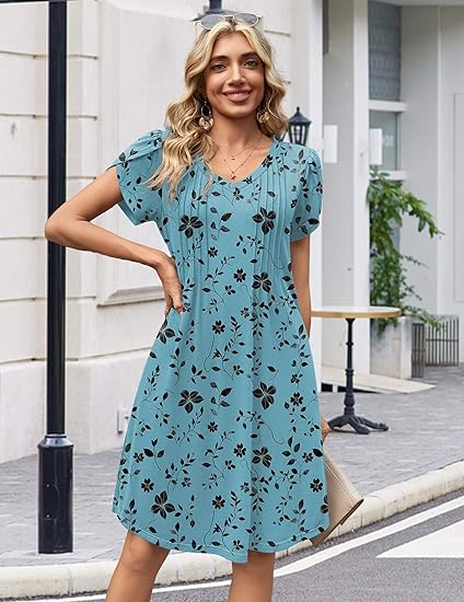 Blue Green Floral Summer Dresses for Women Casual A Line Dress 2026 V Neck Short Dresses Floral Sundress Pleated Boho Dress