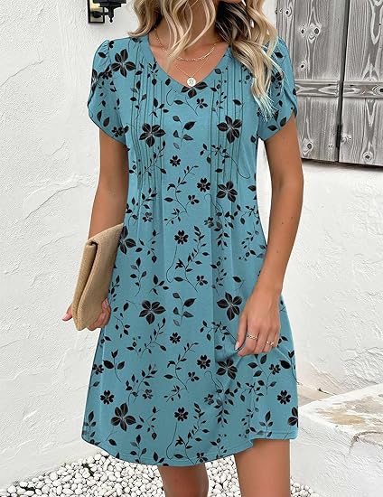 Blue Green Floral Summer Dresses for Women Casual A Line Dress 2026 V Neck Short Dresses Floral Sundress Pleated Boho Dress