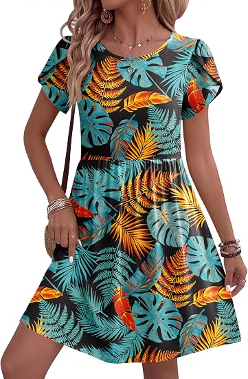 Leaf Print Women Summer Dress 2026 Short Sleeve Aline Mini Dresses with Pockets Casual Swing Tshirt Dress Vocation Beach Sundress