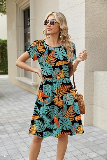 Leaf Print Women Summer Dress 2026 Short Sleeve Aline Mini Dresses with Pockets Casual Swing Tshirt Dress Vocation Beach Sundress
